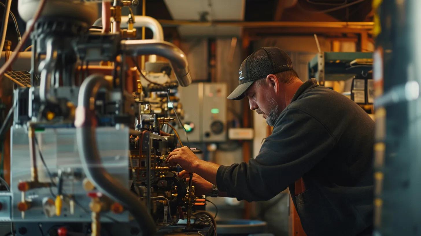 a focused technician in an industrial-grade workshop meticulously diagnoses a high-efficiency furnace, surrounded by diagnostic tools and parts, emphasizing a commitment to expert repair services in a bustling fort collins environment.