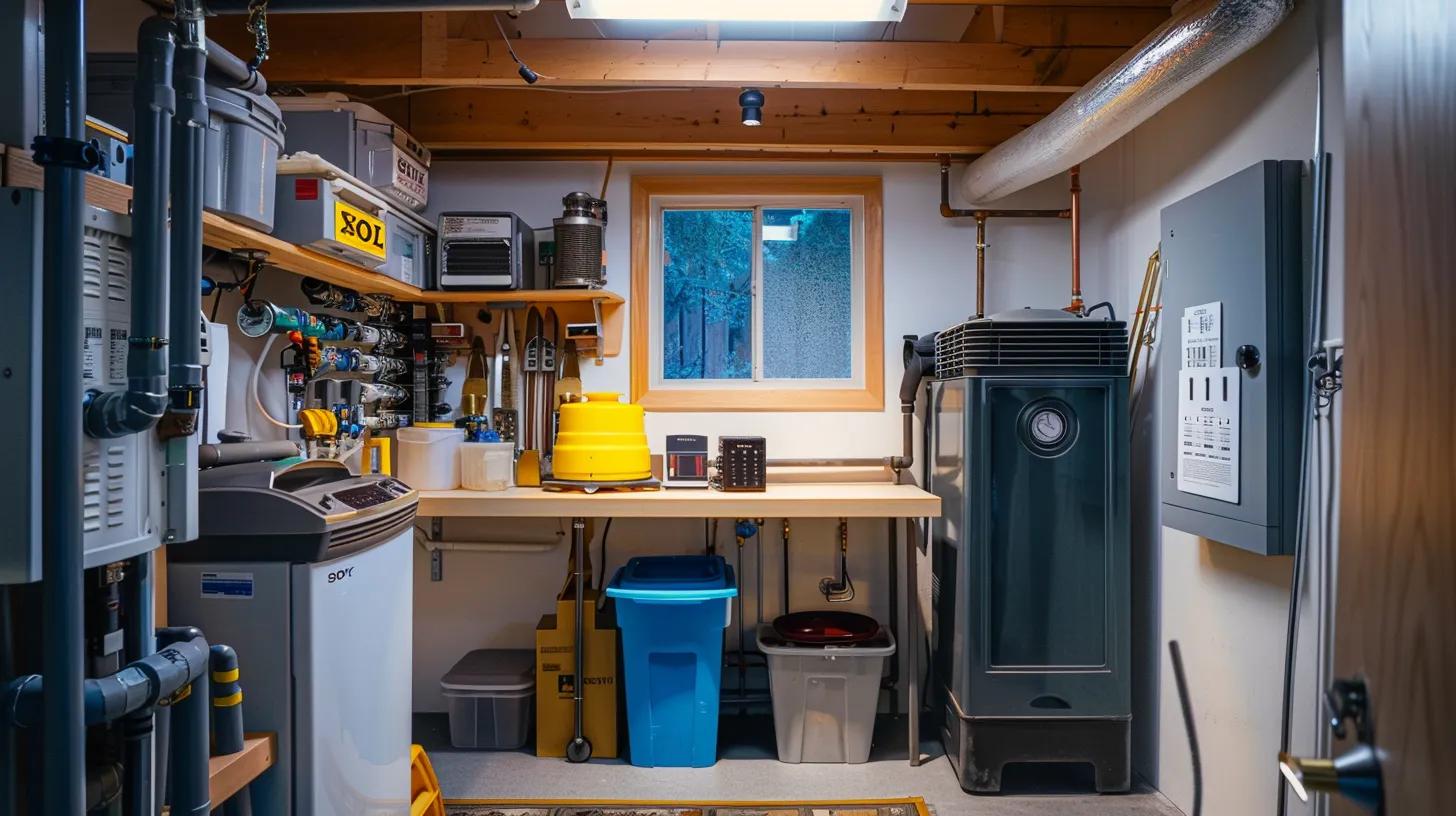 a well-organized, modern home utility room features a freshly serviced furnace prominently displaying maintenance tools and a checklist, symbolizing the importance of continued care for optimal heating efficiency.