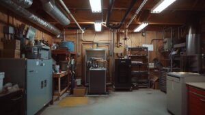 a well-equipped furnace repair workshop in fort collins, featuring a skilled technician inspecting an industrial-grade furnace with various tools and equipment strategically placed in a clean, organized environment.