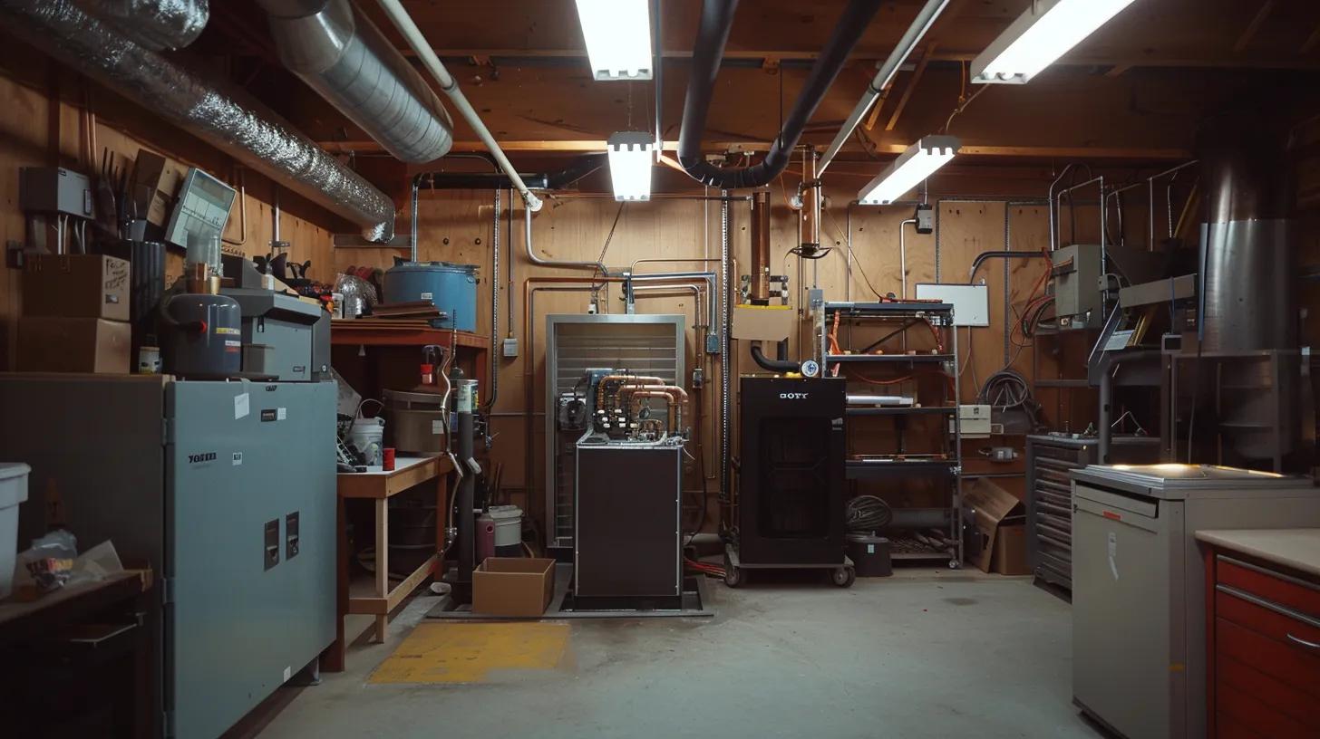 a well-equipped furnace repair workshop in fort collins, featuring a skilled technician inspecting an industrial-grade furnace with various tools and equipment strategically placed in a clean, organized environment.