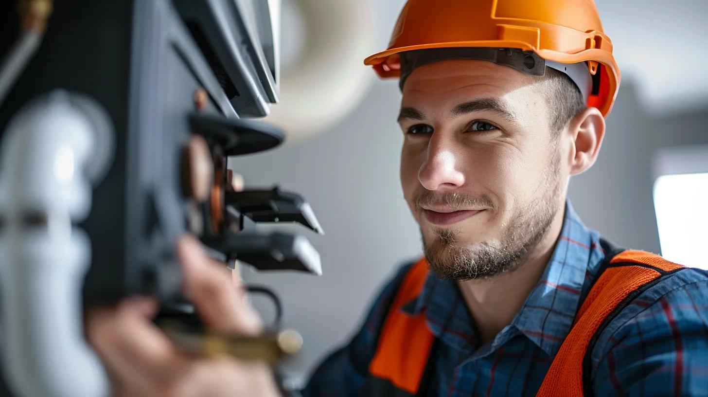 a close-up shot of a professional-looking repair technician in a clean, modern office setting, confidently assessing a high-efficiency furnace with tools at the ready, highlighting expertise and commitment to quality service in home heating solutions.