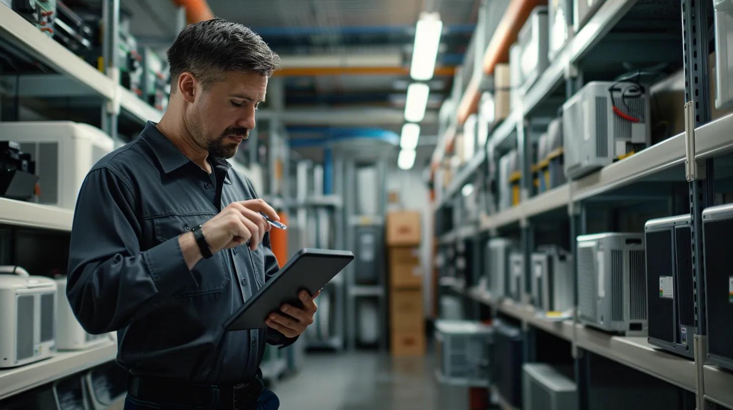 Image of a technician verifying AC service credentials and customer reviews for reliability.