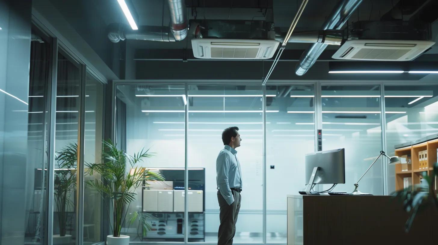 a modern office space features a confident technician meticulously inspecting a sleek, state-of-the-art air conditioning unit, illuminated by bright artificial lighting that highlights the professionalism of hvac service.