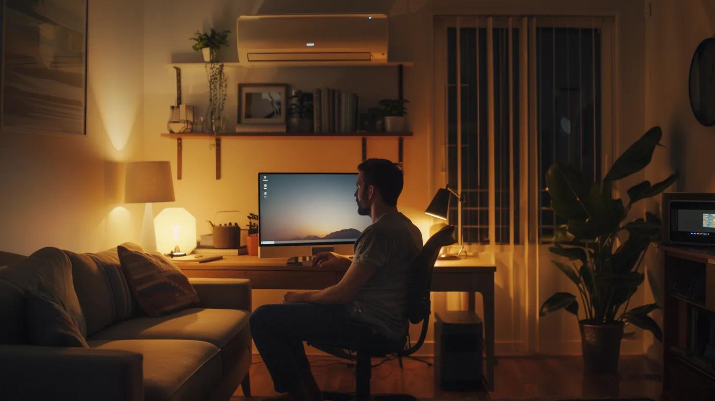 a modern, tidy home office setting showcases a homeowner engaging in a video call with an ac repair technician, illuminated by warm artificial lighting that highlights the focused atmosphere and professionalism of their interaction.