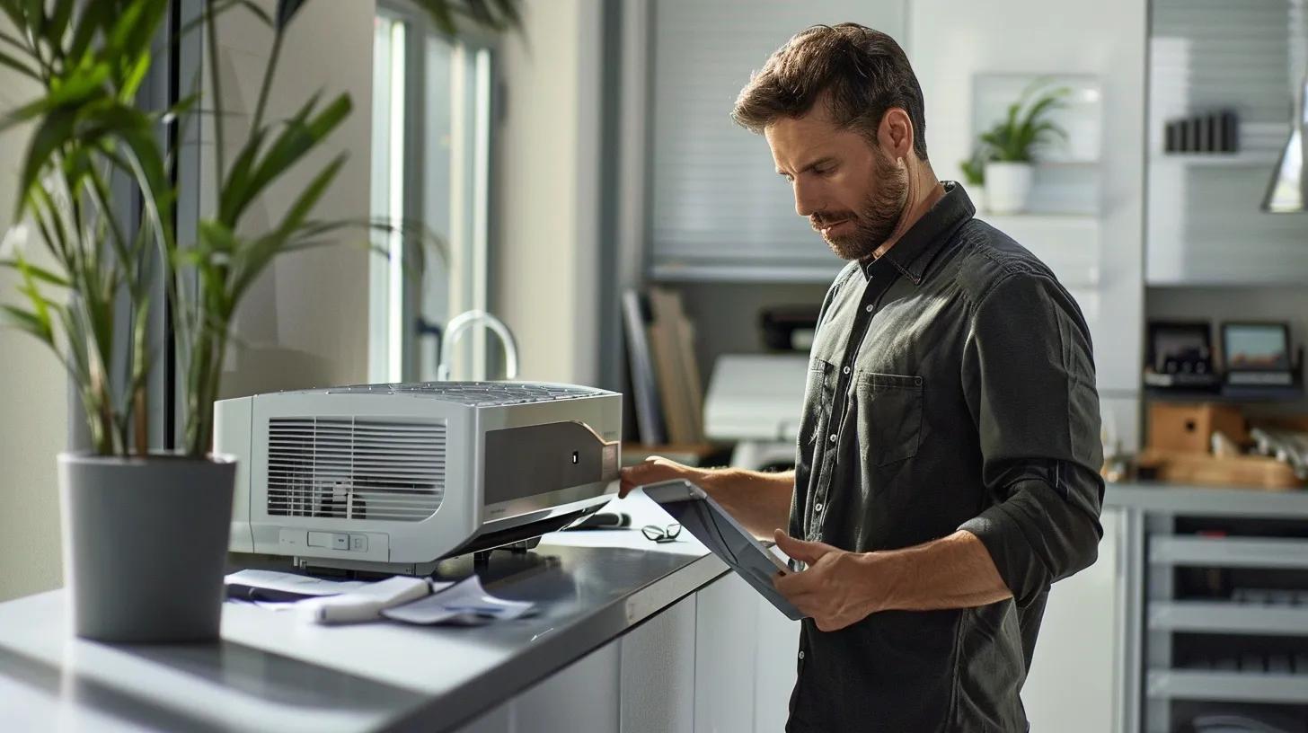 a technician in a sleek, modern office setting diligently inspects a high-efficiency air conditioning unit, surrounded by tools and a digital tablet displaying maintenance data, emphasizing the importance of proactive upkeep for optimal home comfort and energy efficiency.