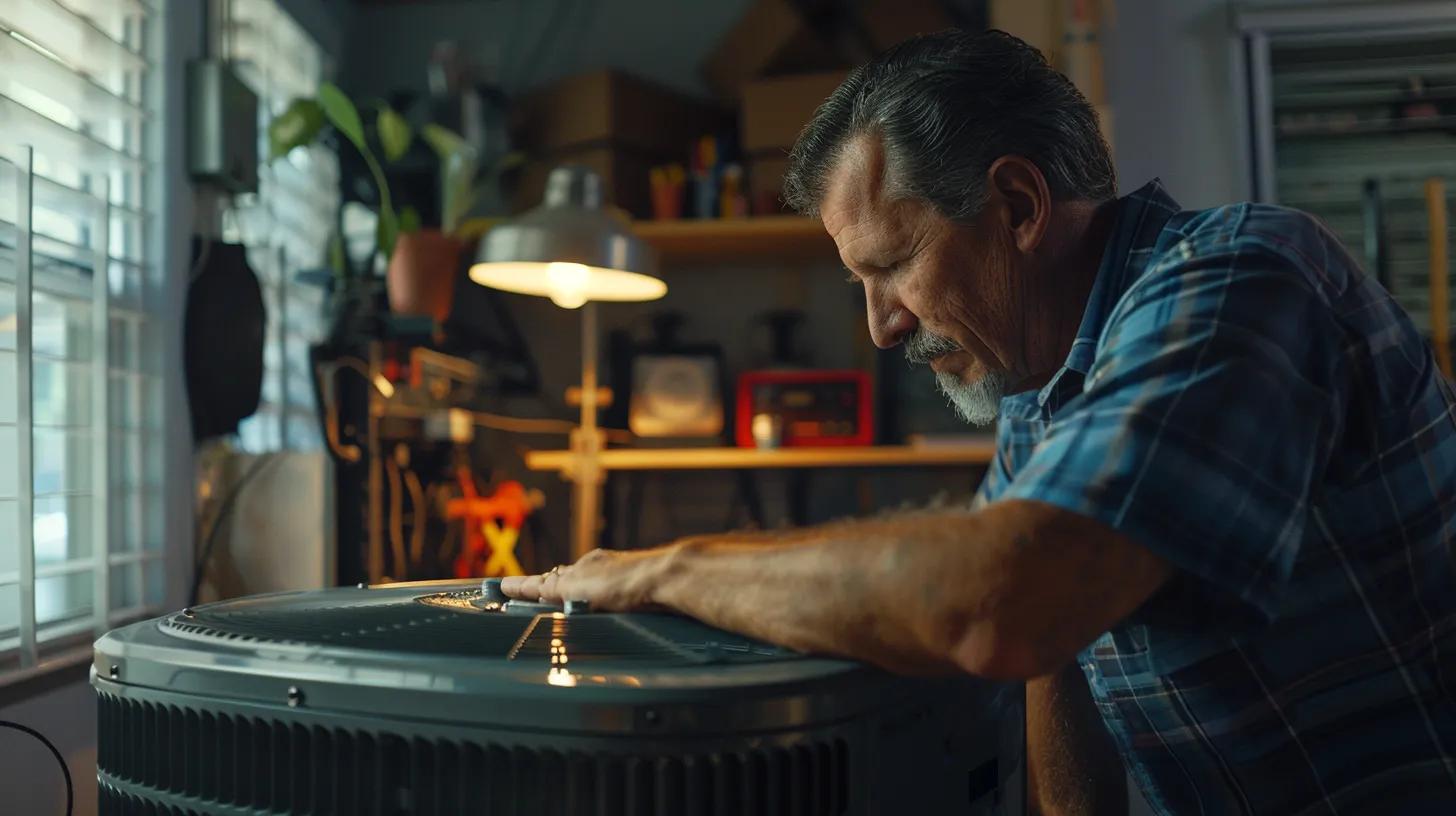 a technician meticulously examines a clean air conditioning unit in a well-lit, modern indoor setting, surrounded by essential tools and diagnostic equipment to emphasize the thoroughness of a seasonal ac tune-up.