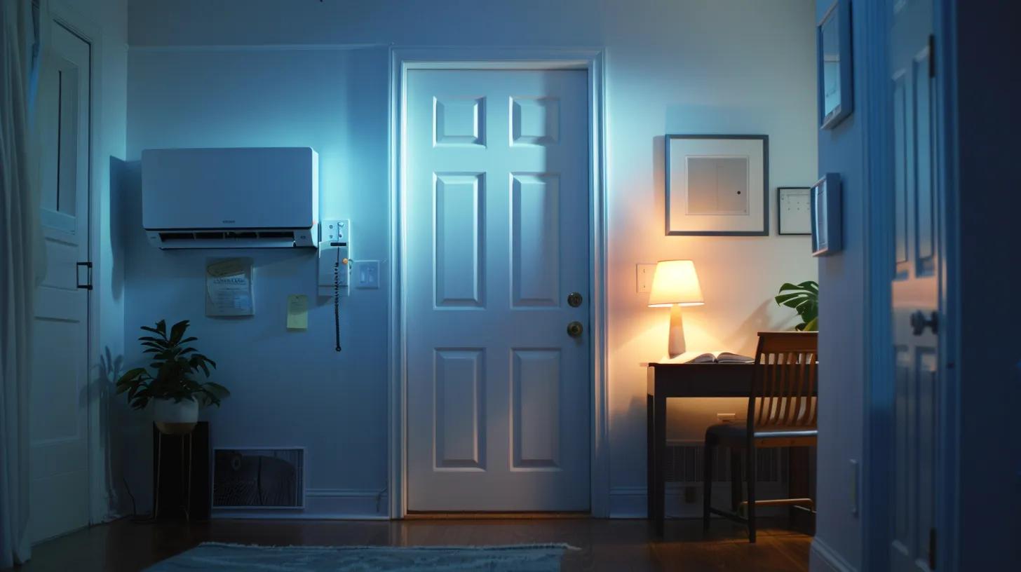 a well-organized home office featuring an open door leading to an efficiently arranged indoor ac unit, illuminated by bright overhead lighting, showcasing a clipboard with maintenance notes beside an empty chair, symbolizing preparation for a scheduled ac maintenance appointment.