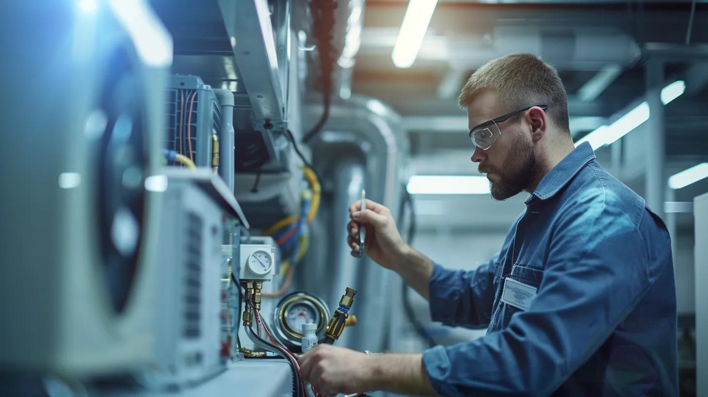 Air conditioning technician diagnosing complex AC malfunctions with advanced tools.