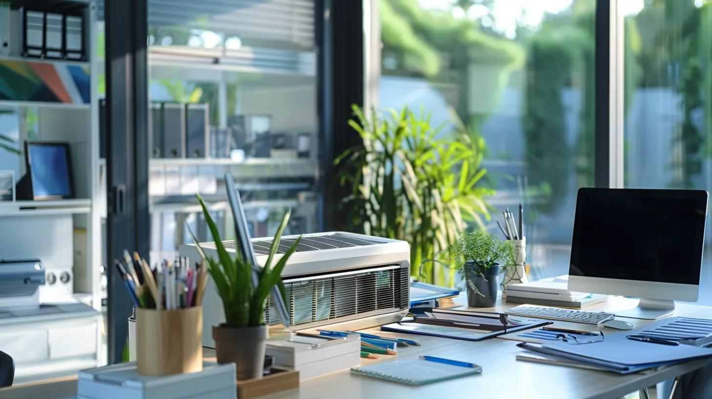 a modern, clutter-free office space with an air conditioning unit prominently displayed, featuring a sleek desk with tools and documents that convey the importance of air conditioning maintenance and transparent pricing discussions.